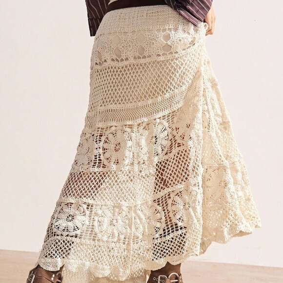 Apricot Casual Women's Boho Vacation Crochet Hollow-Out Sweater Skirt - Picture 2 of 10